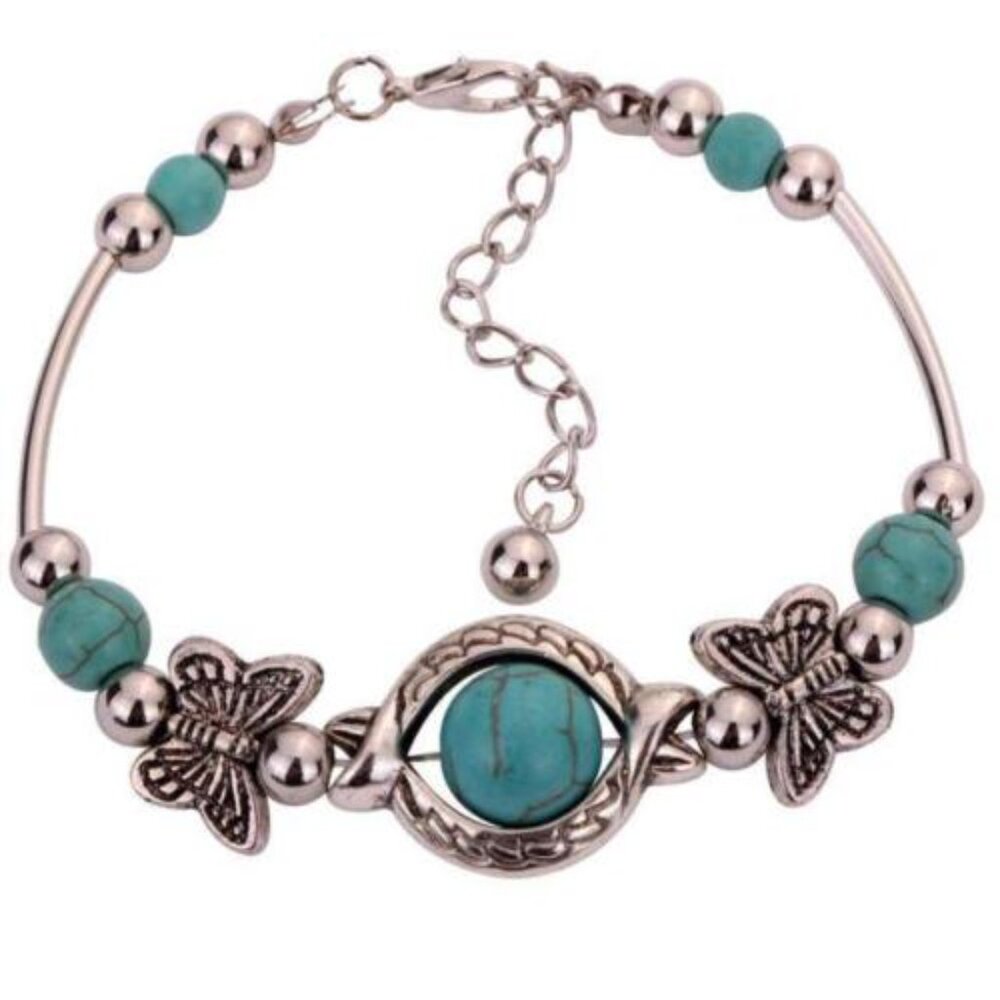 New Womens Turquoise Bracelet Butterfly Silver Plated 7"-9"